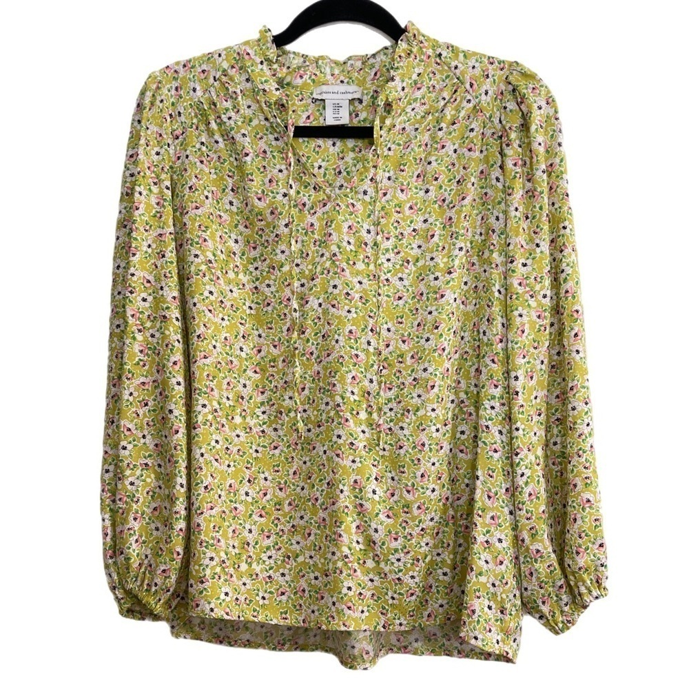 Cupcakes & Cashmere chartreuse with floral pattern tie front long sleeve blouse